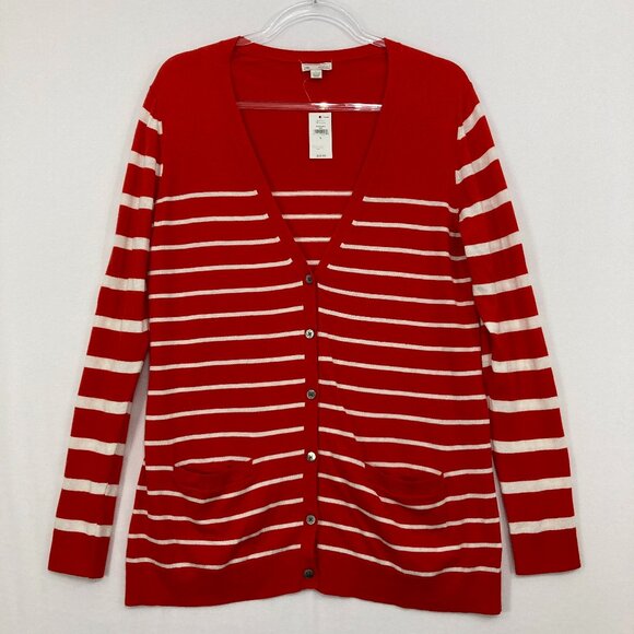 New GAP Large Silk Blend Red White Striped Ultra Soft Button Cardigan Preppy - Picture 1 of 10